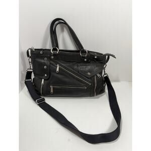 Lauren Ralph Lauren Black Soft Leather Shoulder Zip Pockets Biker Bag Purse RARE
